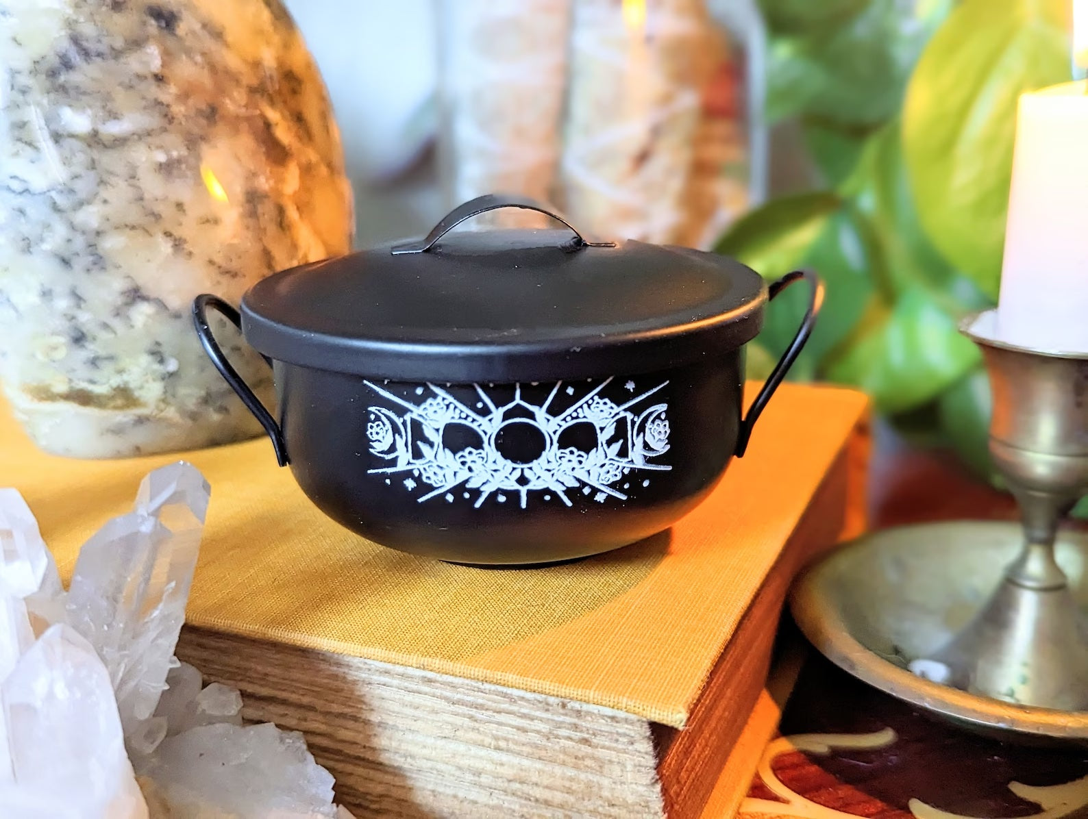 Mystic Cauldron for rituals and spellwork with mystical designs. Perfect for burning herbs, holding crystals, or enhancing your altar. Available at Goddess Provisions