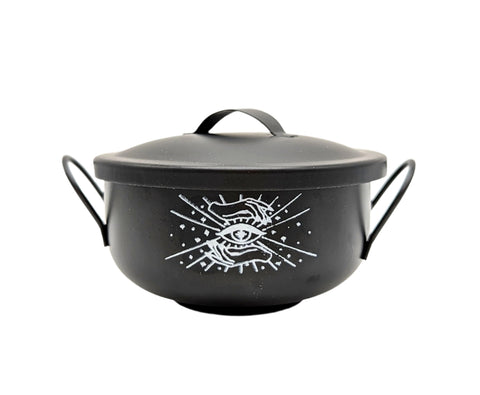 Black Mystical Cauldron with white background and white logo of an eye and two hands on the front.