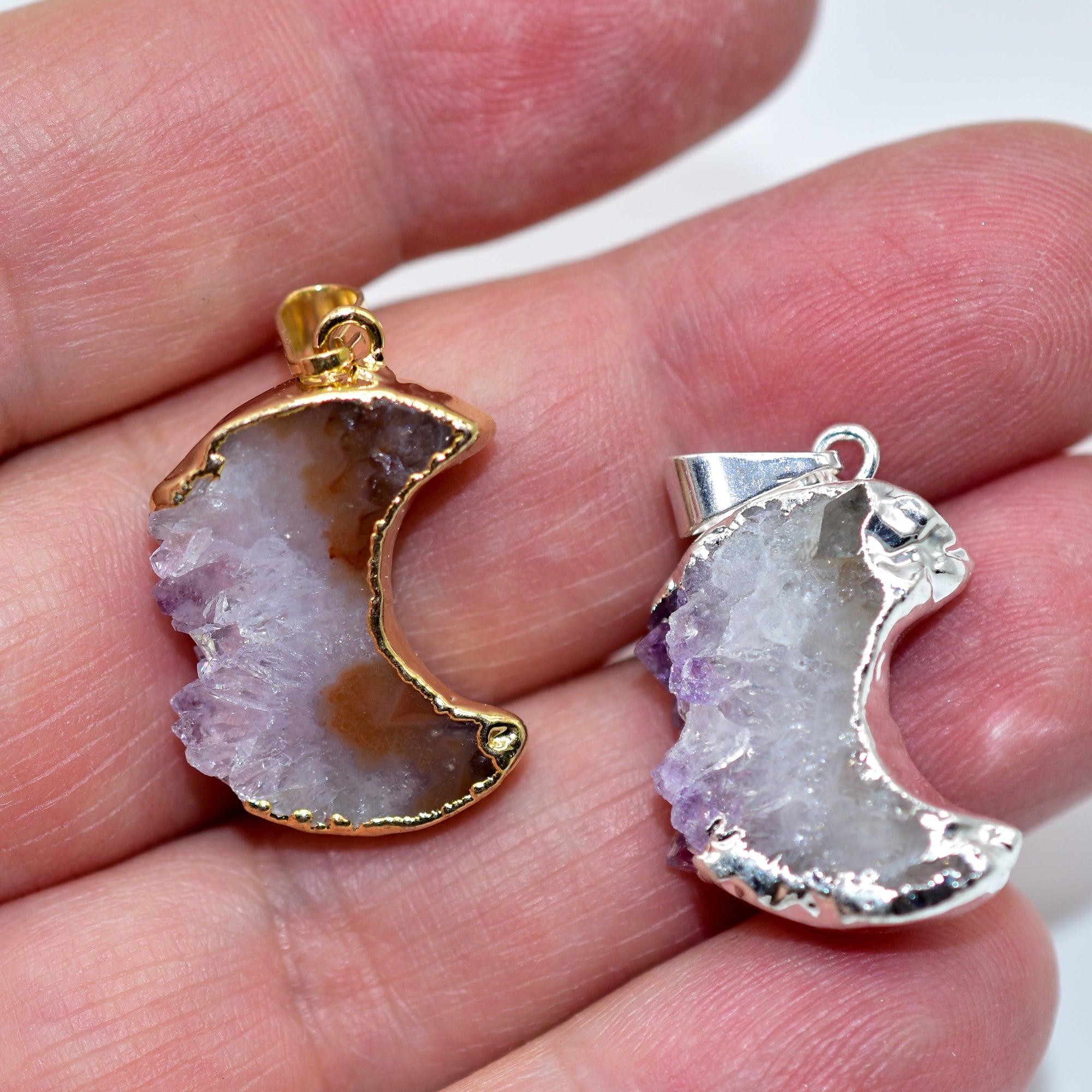 Gilded Amethyst Slice Crescent Moon Pendant