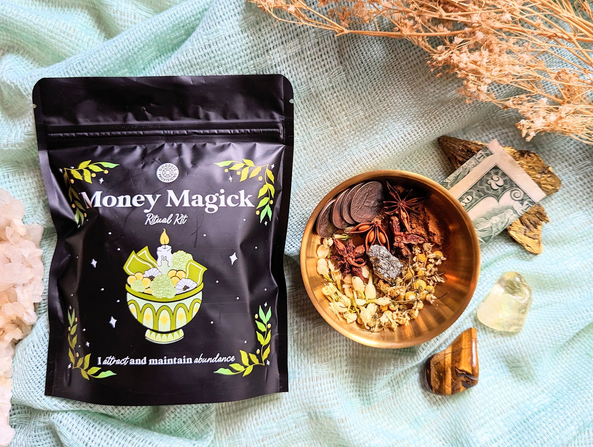 Money Magick ritual Kit with brown bowl by Goddess Provisions