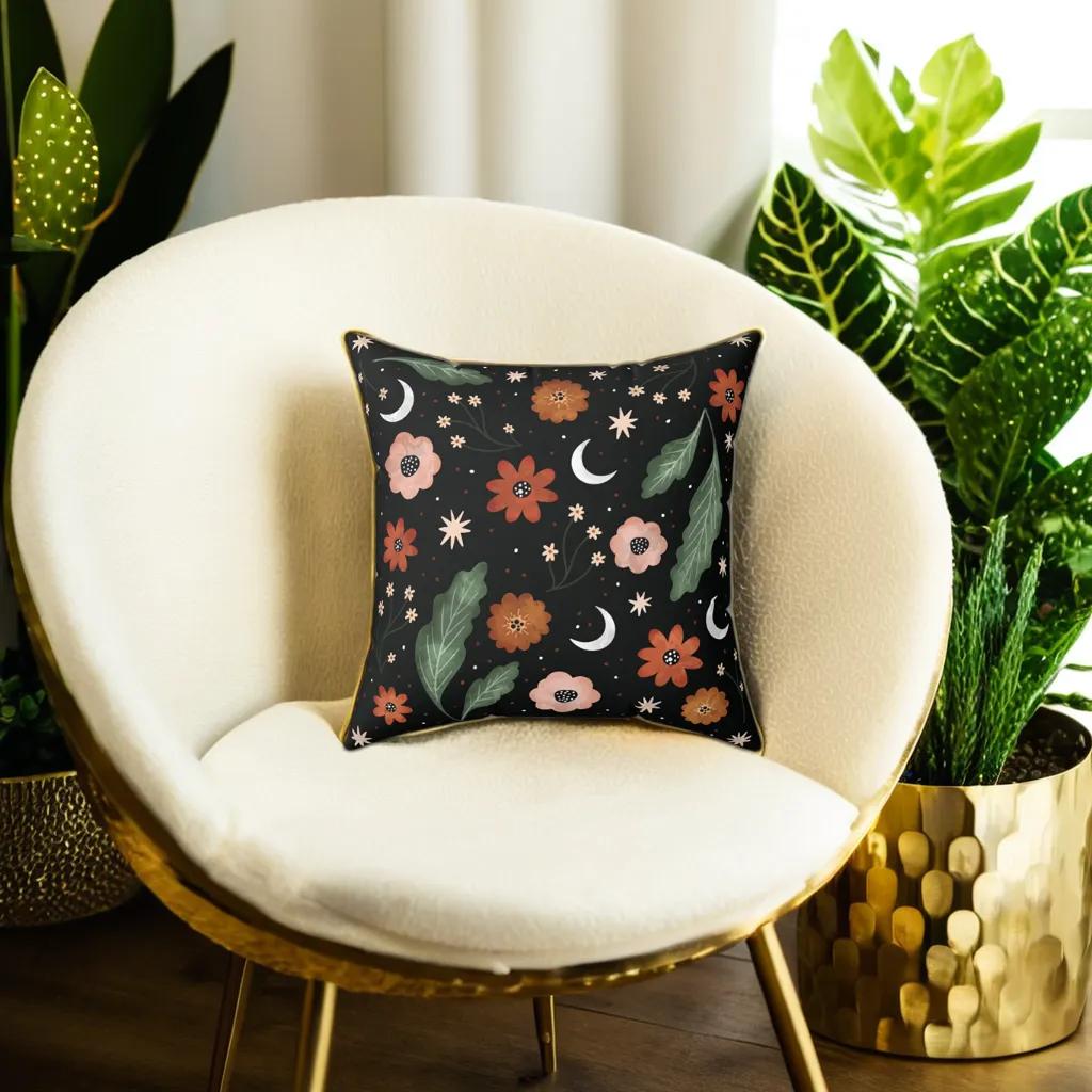 Orange Floral Vegan Suede Pillow