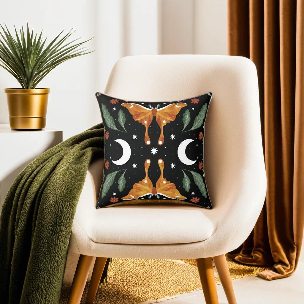 Orange Moon Moth Vegan Suede Pillow