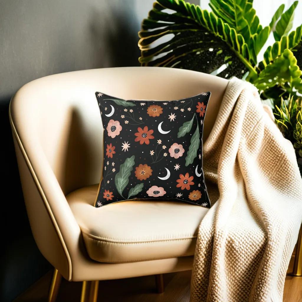 Orange Floral Vegan Suede Pillow