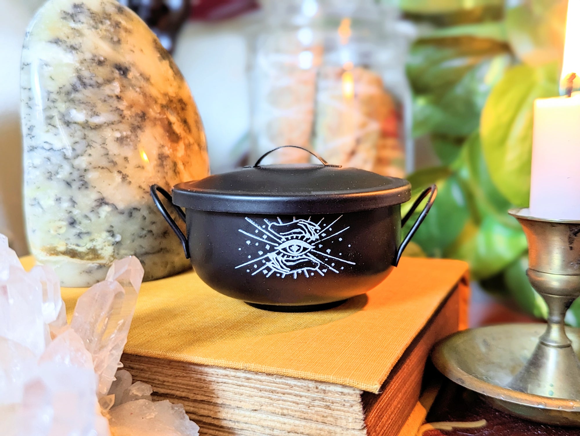 Mystic Cauldron for rituals and spellwork with mystical designs. Perfect for burning herbs, holding crystals, or enhancing your altar. Available at Goddess Provisions