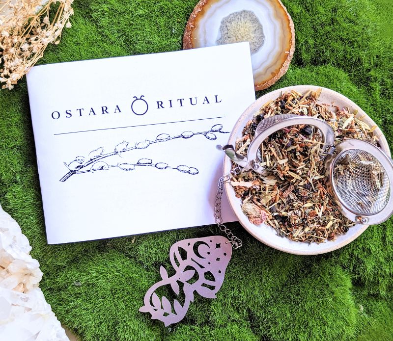 Ostara Ritual Tea &amp; Ostara Booklet by Magic Fairy Candles and Herbal Alchemy Tea Infuser available at Goddess Provisions